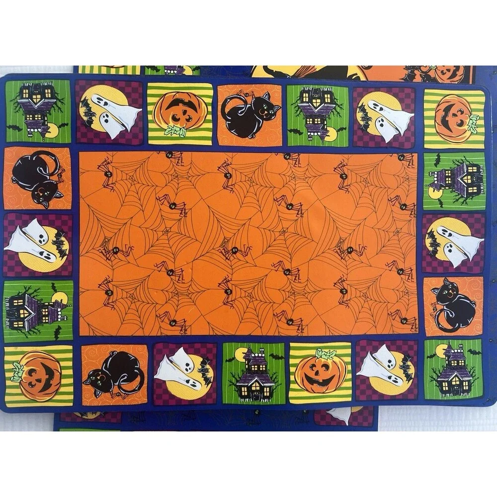 Vintage Halloween Foam Placemats Set of 7 12x18 Ghost Witch Black Cat